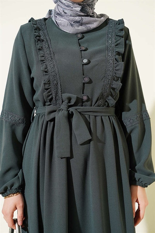British Buttoned Lace Detail Dress, Smoke Grey
