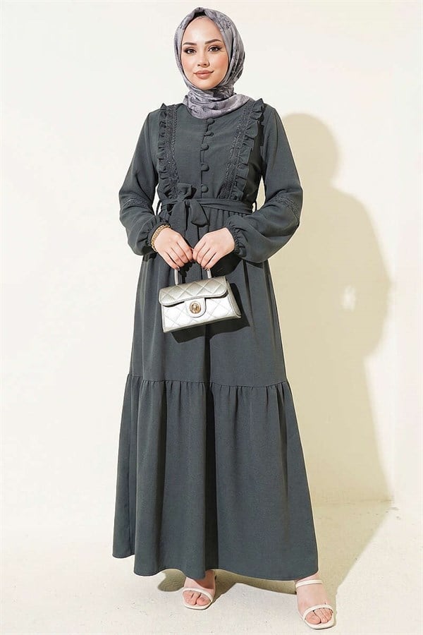 British Buttoned Lace Detail Dress, Smoke Grey