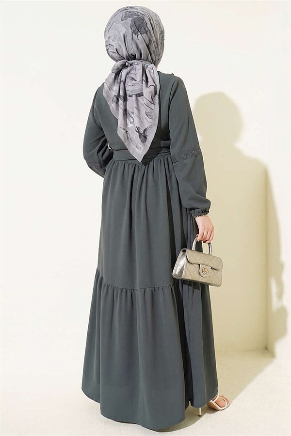 British Buttoned Lace Detail Dress, Smoke Grey