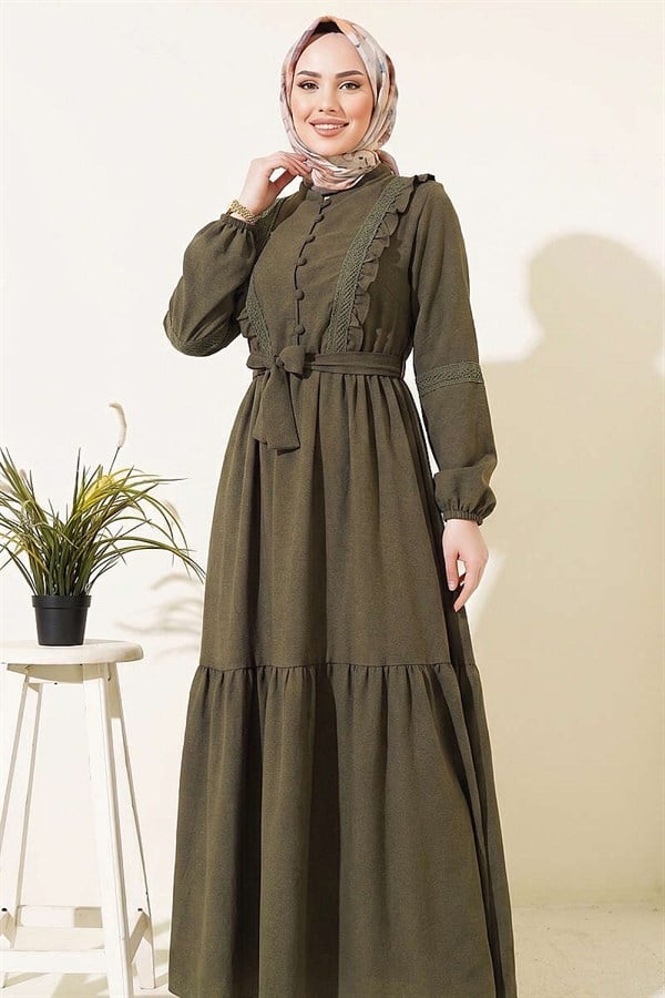 British Buttoned Lace Detail Dress Khaki
