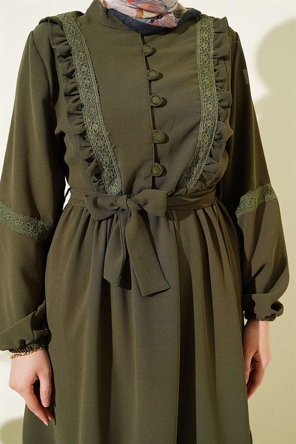 British Buttoned Lace Detail Dress Khaki