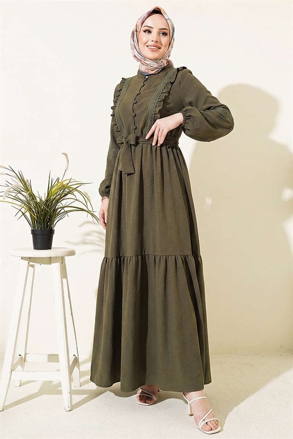 British Buttoned Lace Detail Dress Khaki
