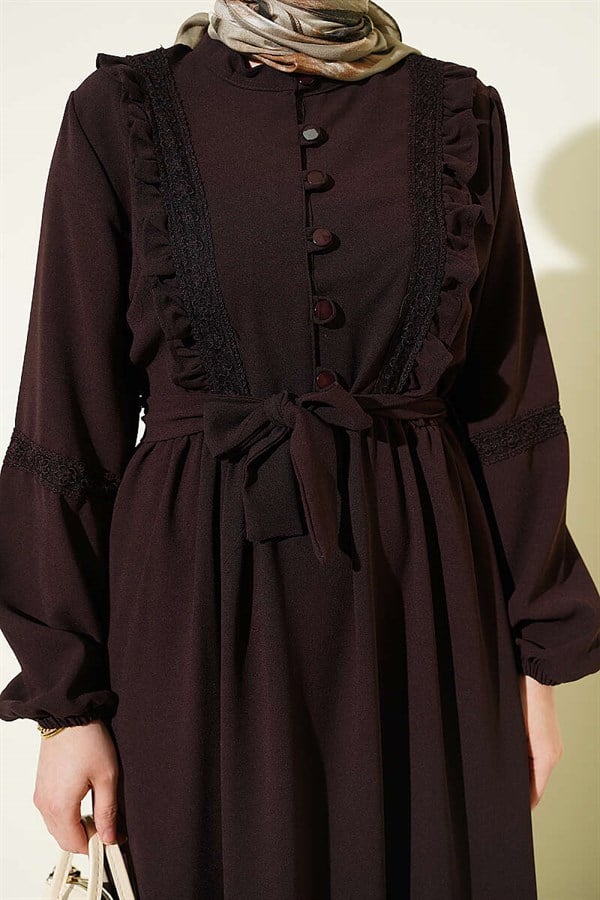 British Buttoned Lace Detail Dress, Brown