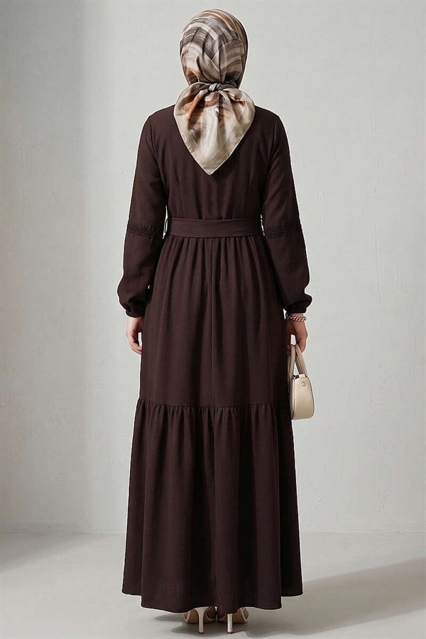 British Buttoned Lace Detail Dress, Brown