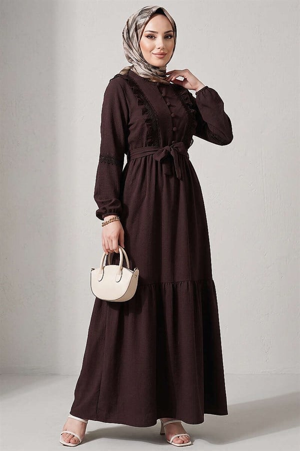 British Buttoned Lace Detail Dress, Brown