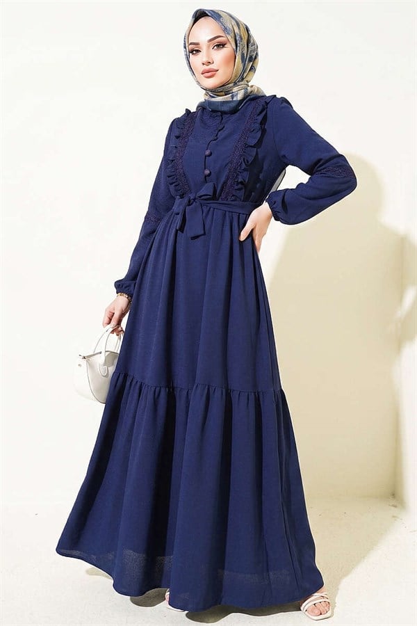 British Buttoned Lace Detail Dress Navy Blue