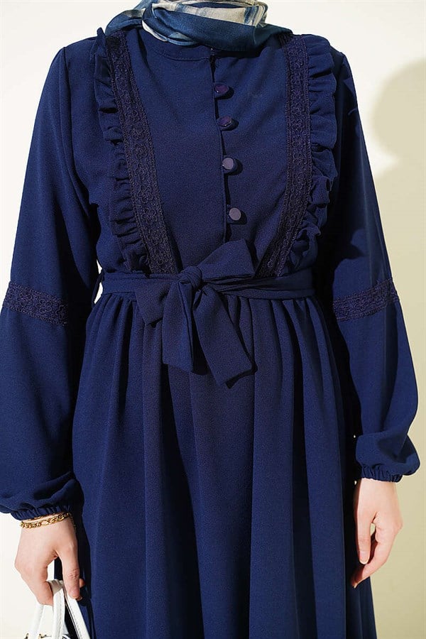 British Buttoned Lace Detail Dress Navy Blue