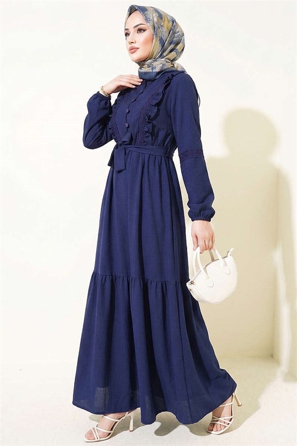 British Buttoned Lace Detail Dress Navy Blue