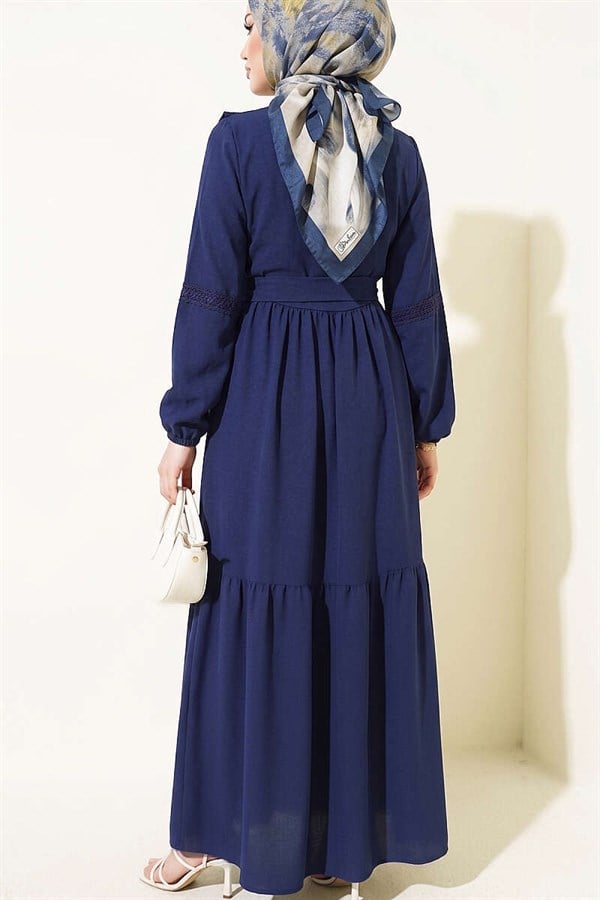 British Buttoned Lace Detail Dress Navy Blue