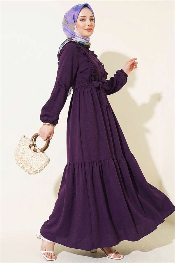 British Buttoned Lace Detail Dress, Plum
