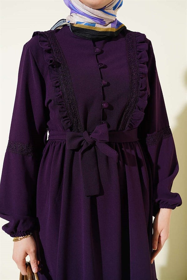 British Buttoned Lace Detail Dress, Plum