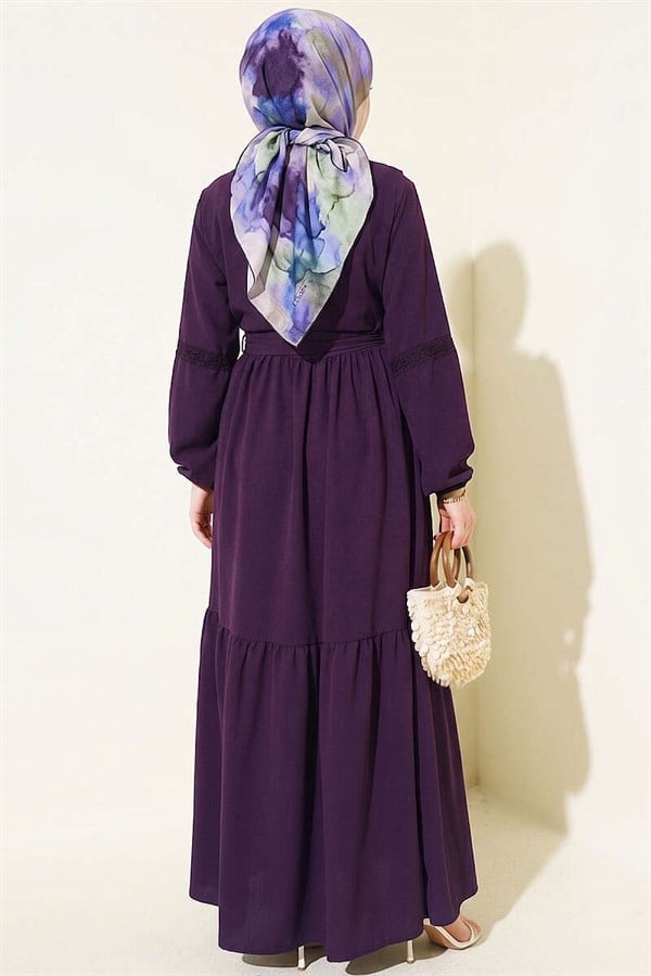 British Buttoned Lace Detail Dress, Plum