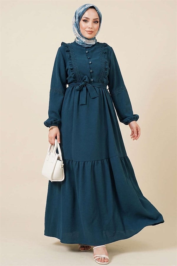 British Buttoned Lace Detail Dress in Petrol Green