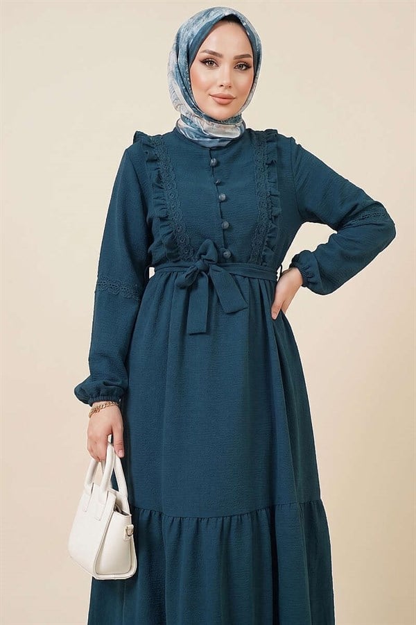 British Buttoned Lace Detail Dress in Petrol Green