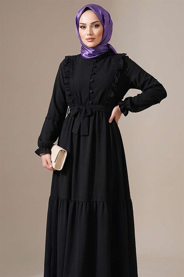 British Buttoned Lace Detail Dress, Petrol Black