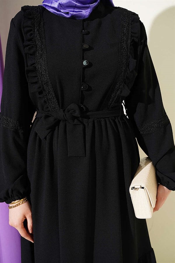 British Buttoned Lace Detail Dress, Petrol Black