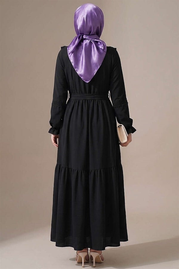 British Buttoned Lace Detail Dress, Petrol Black