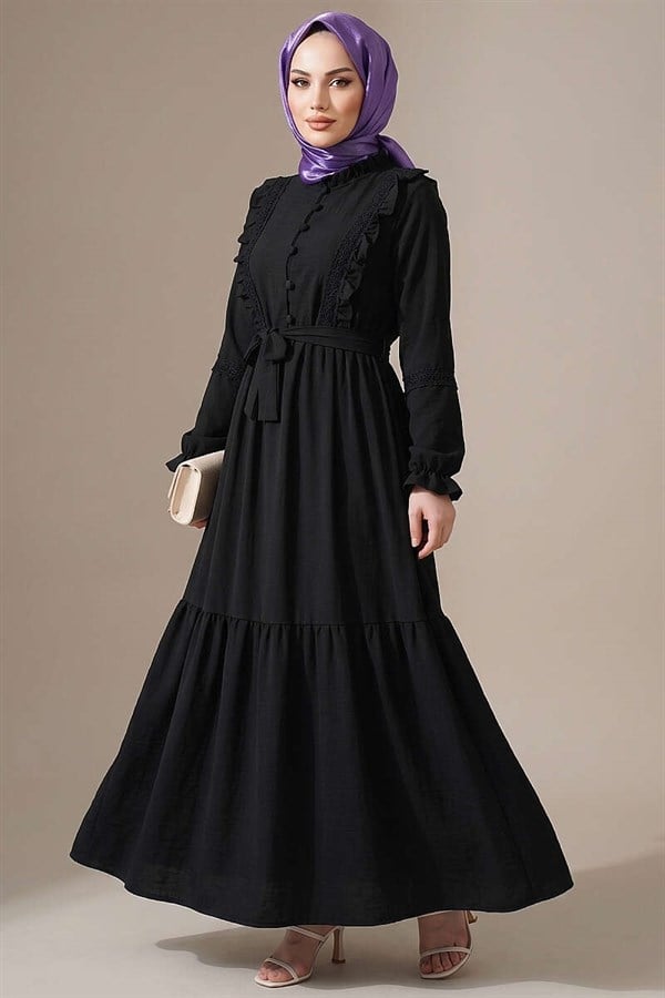 British Buttoned Lace Detail Dress, Petrol Black