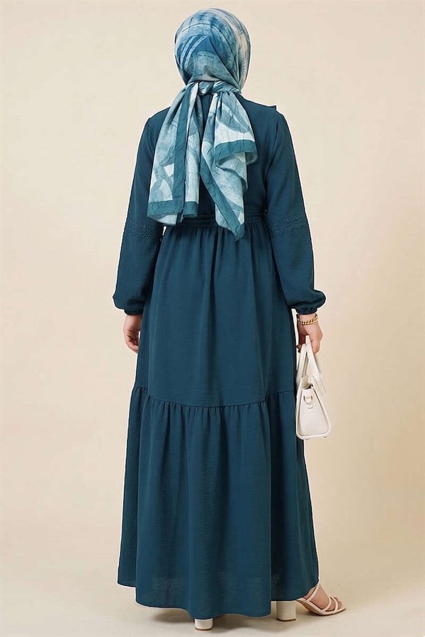 British Buttoned Lace Detail Dress in Petrol Green