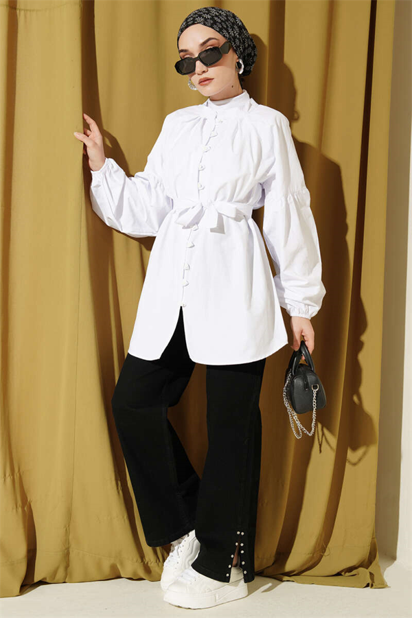 British Button-Down Mandarin Collar Poplin Shirt White