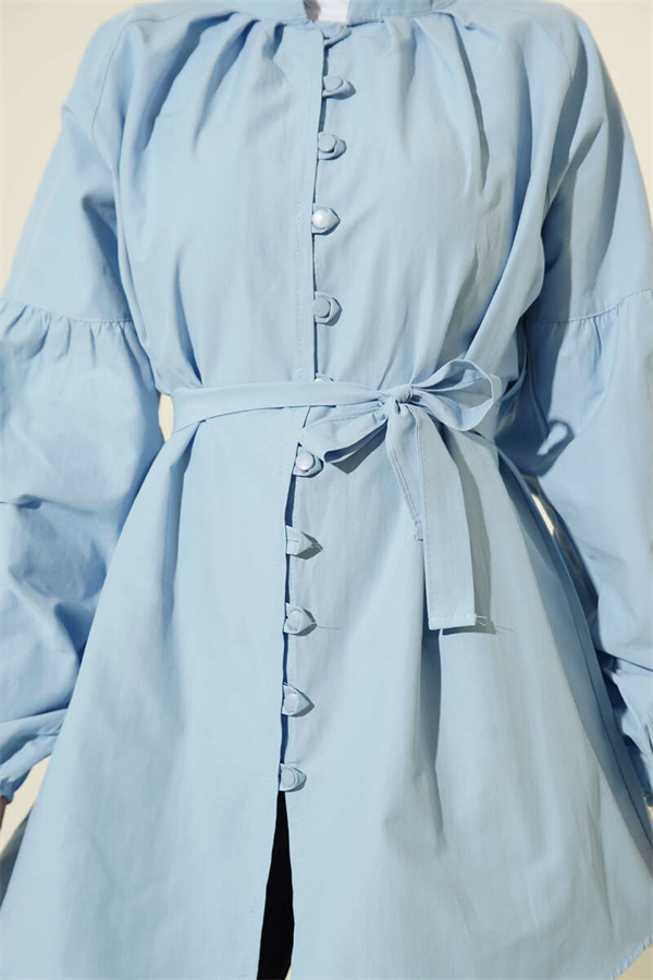 British Button-Down Mandarin Collar Poplin Shirt, Blue