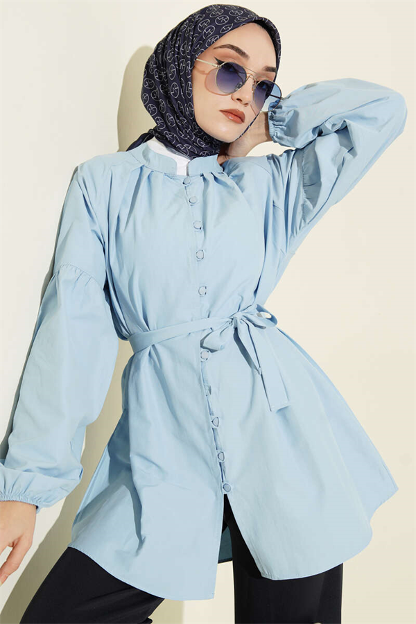 British Button-Down Mandarin Collar Poplin Shirt, Blue
