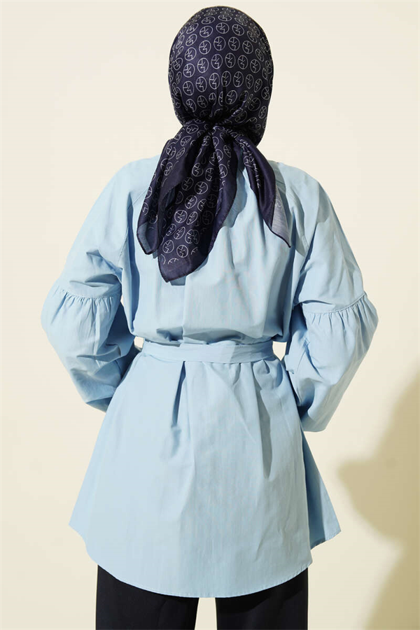 British Button-Down Mandarin Collar Poplin Shirt, Blue
