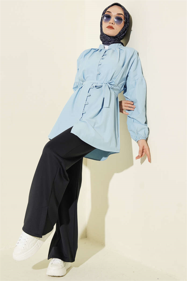 British Button-Down Mandarin Collar Poplin Shirt, Blue