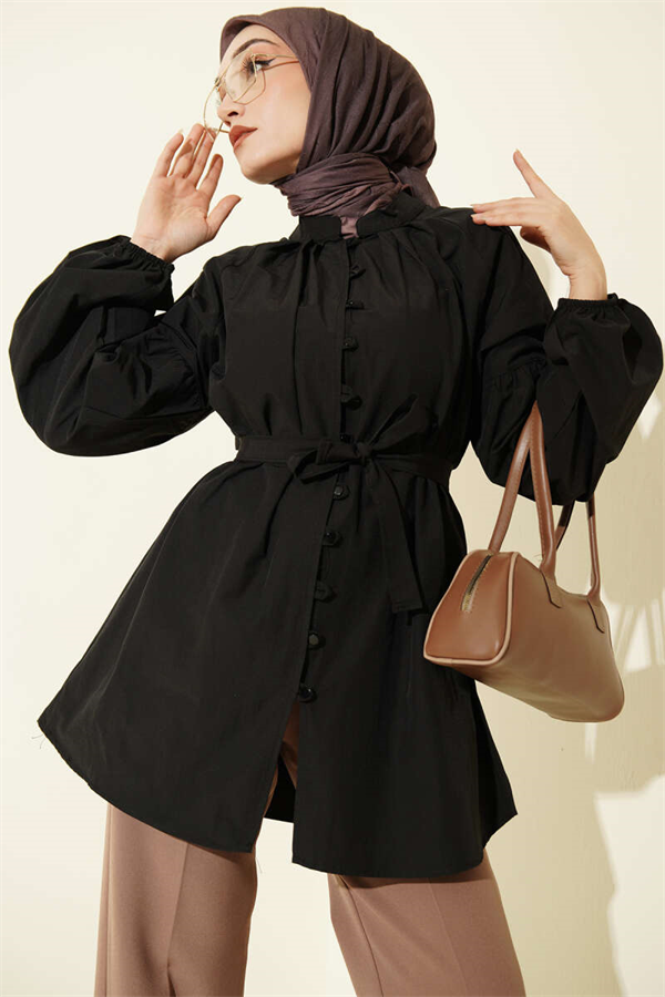 British Button-Down Mandarin Collar Poplin Shirt, Black