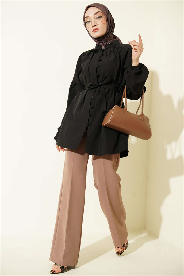 British Button-Down Mandarin Collar Poplin Shirt, Black