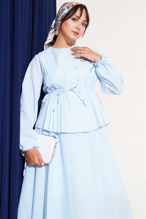 Brit Buttoned Double Skirt Set Baby Blue
