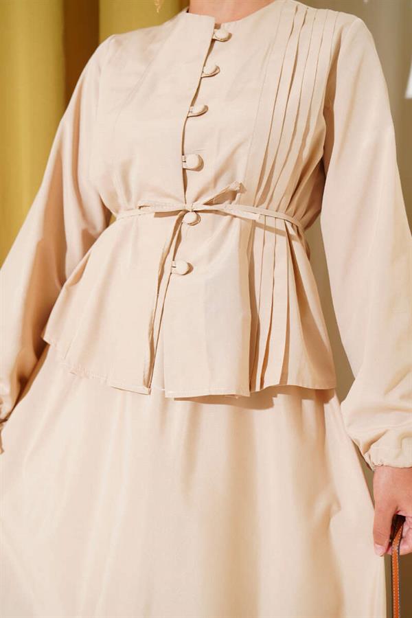 Brit Buttoned Double Skirt Set Beige