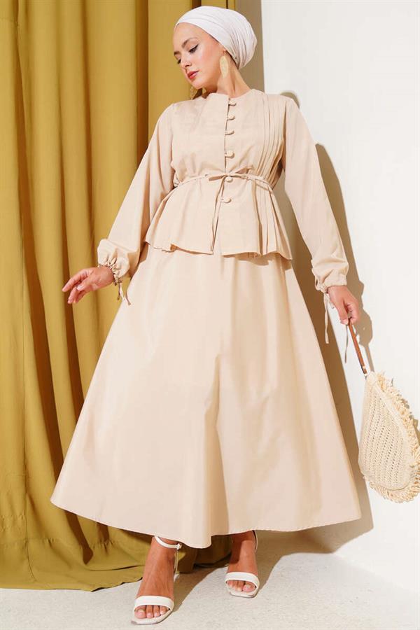 Brit Buttoned Double Skirt Set Beige