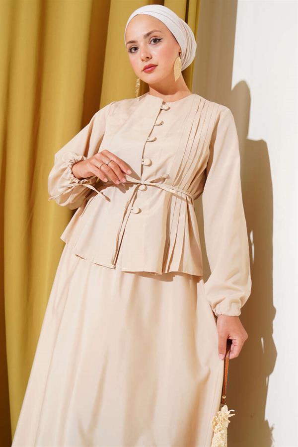 Brit Buttoned Double Skirt Set Beige