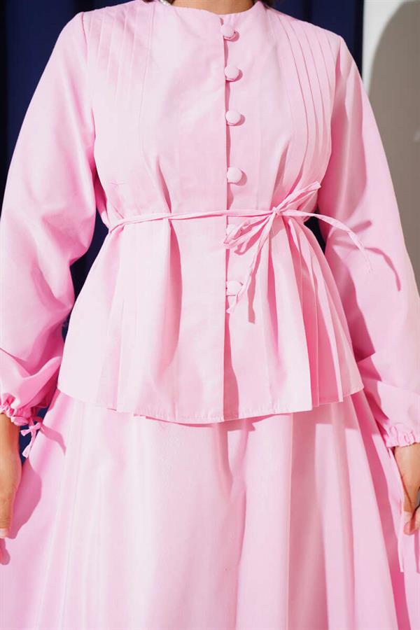 Brit Buttoned Double Skirt Set Pink