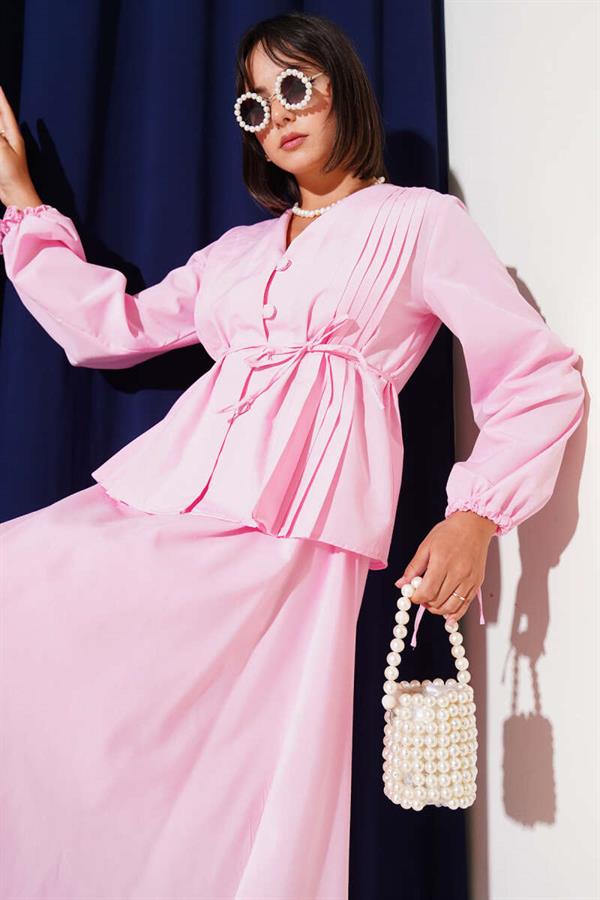 Brit Buttoned Double Skirt Set Pink