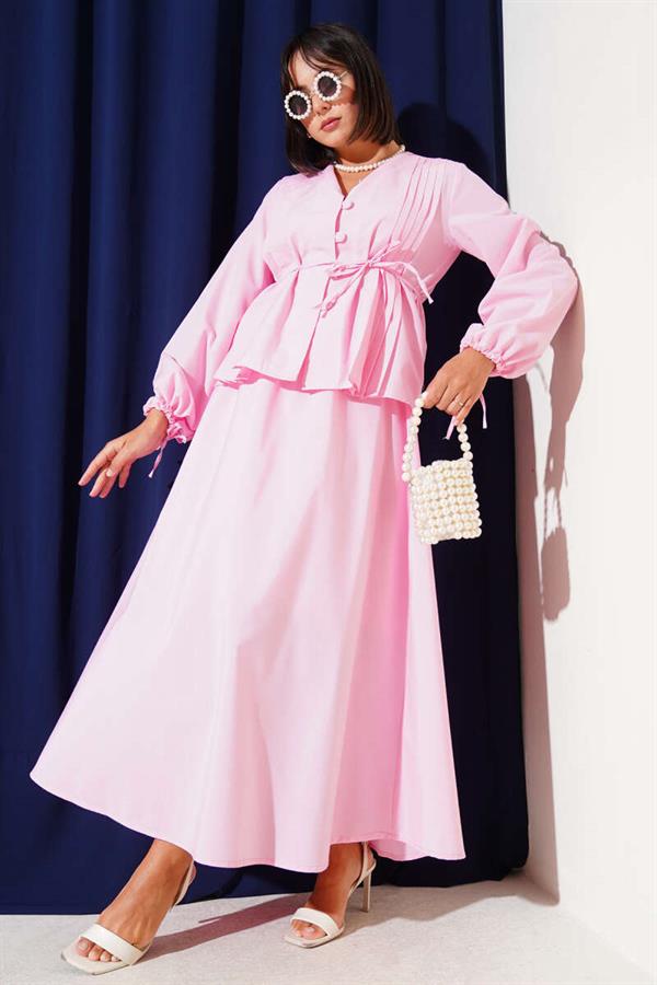 Brit Buttoned Double Skirt Set Pink