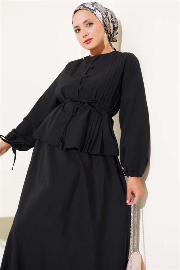 Brit Buttoned Double Skirt Set Black