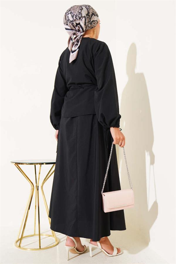 Brit Buttoned Double Skirt Set Black