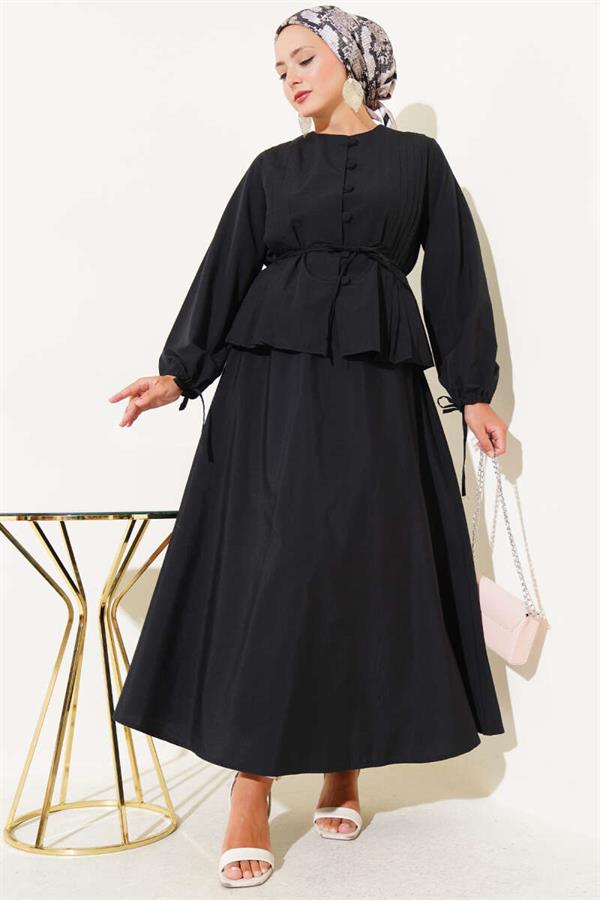 Brit Buttoned Double Skirt Set Black