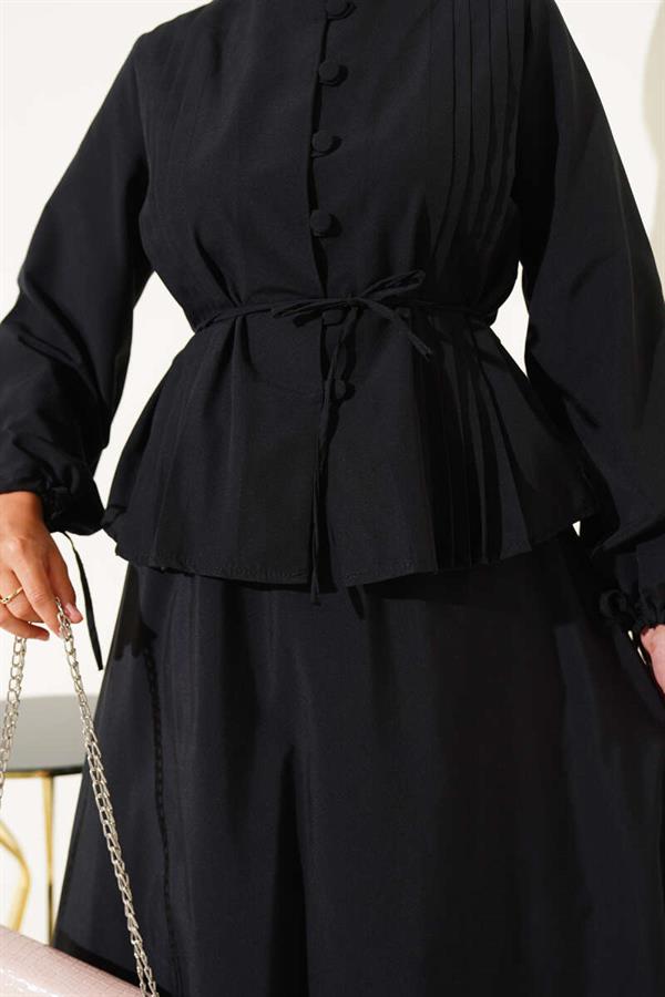 Brit Buttoned Double Skirt Set Black