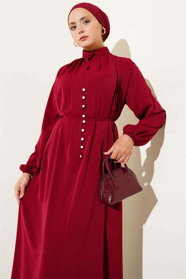Brit Buttoned Rope Tie Dress Burgundy