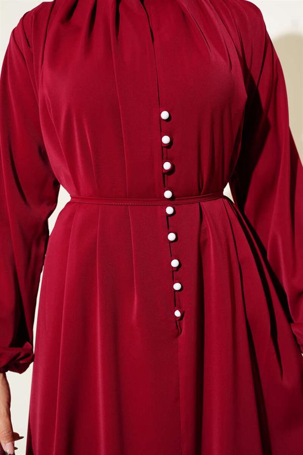 Brit Buttoned Rope Tie Dress Burgundy