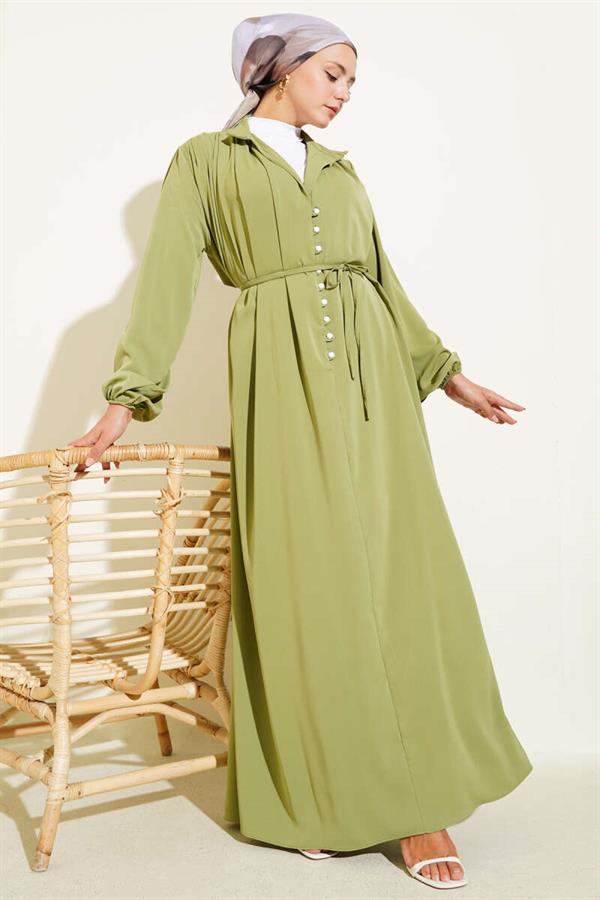 Brit Buttoned Rope Tie Dress Almond Green