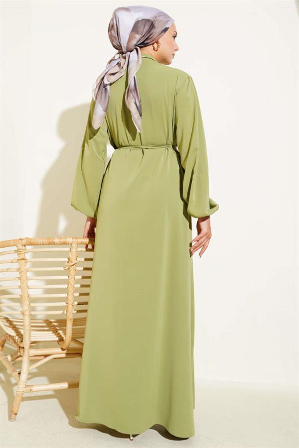 Brit Buttoned Rope Tie Dress Almond Green
