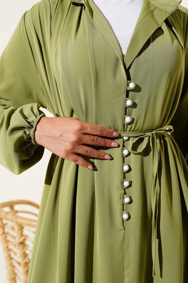 Brit Buttoned Rope Tie Dress Almond Green