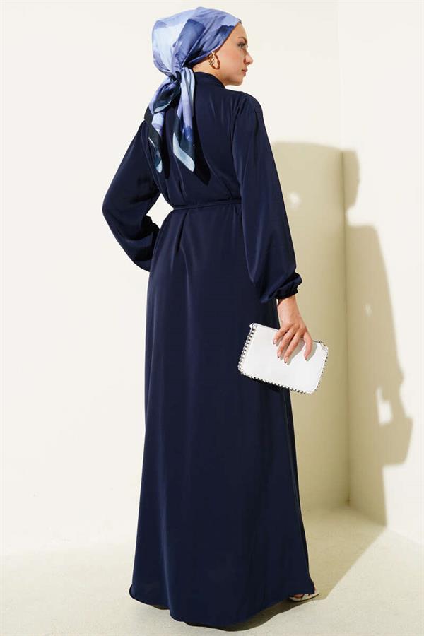 Brit Buttoned Rope Tie Dress Navy Blue