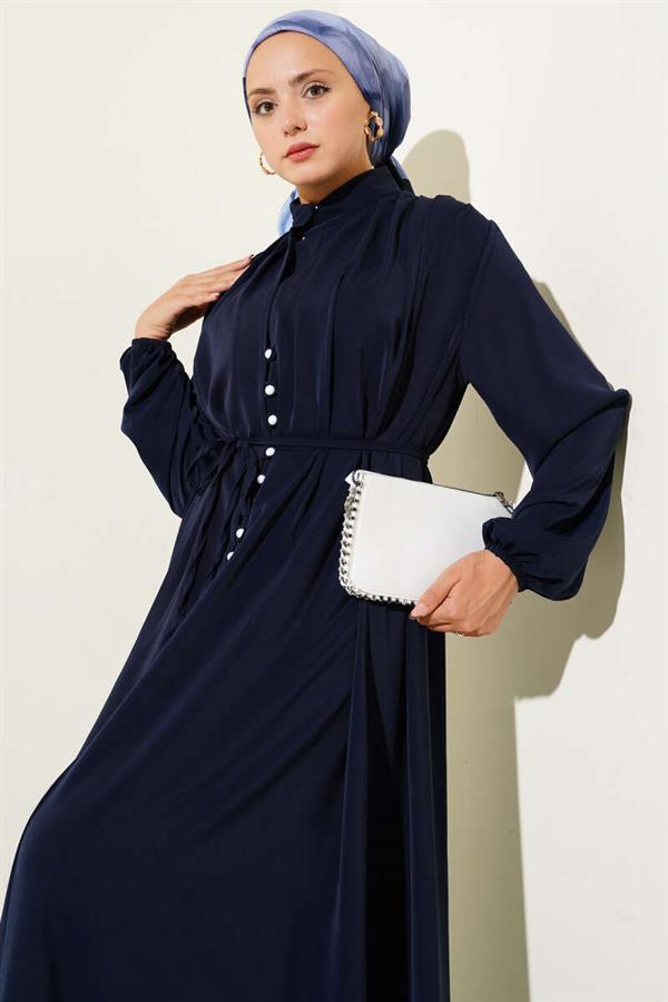 Brit Buttoned Rope Tie Dress Navy Blue