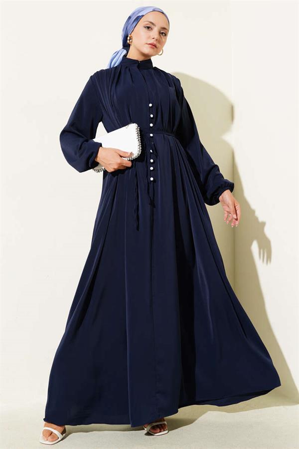 Brit Buttoned Rope Tie Dress Navy Blue