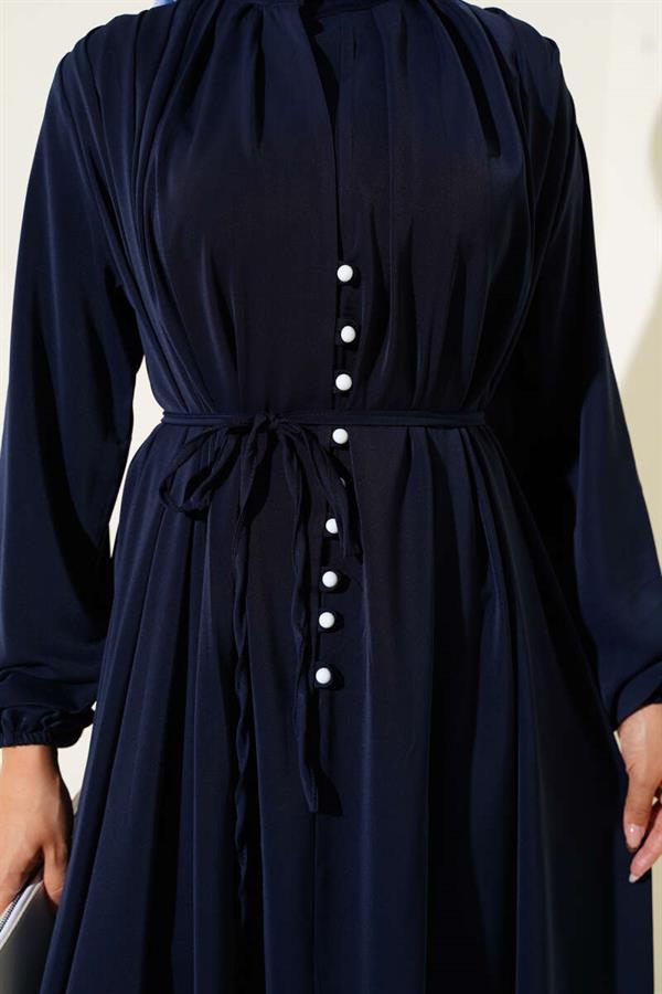 Brit Buttoned Rope Tie Dress Navy Blue